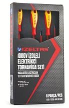 Набор изолированных отверток в ложементе, прямой (SL) и крестообразный (PH) шлиц, двухкомпонентная рукоятка, 6 предметов, 1000В, IZELTAS, 4140009106, 13000001333 4140009106